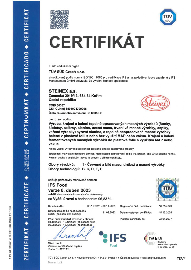 Certifikát IFS Food verze 8 pro výrobu Steinex