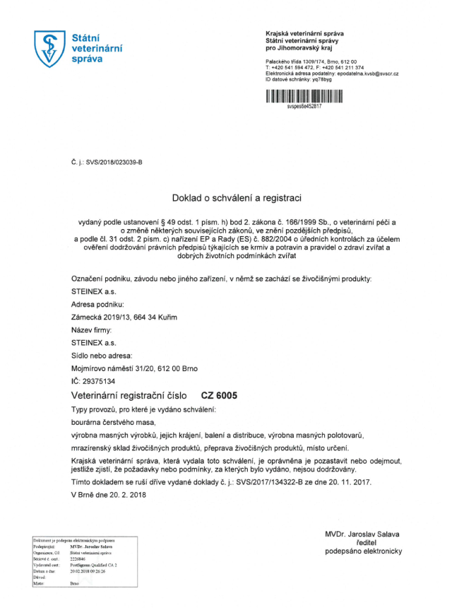 Doklad o schválení a registraci provozu Steinex