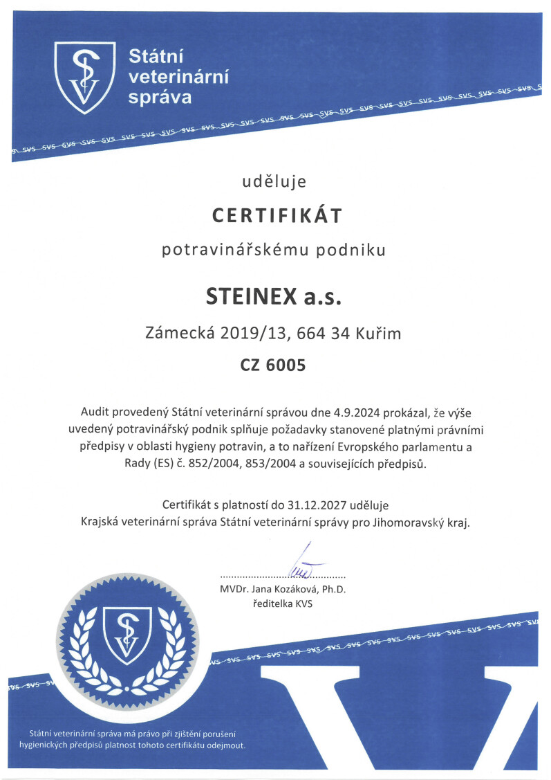 Certifikát Státní veterinární správy pro provozy Steinex